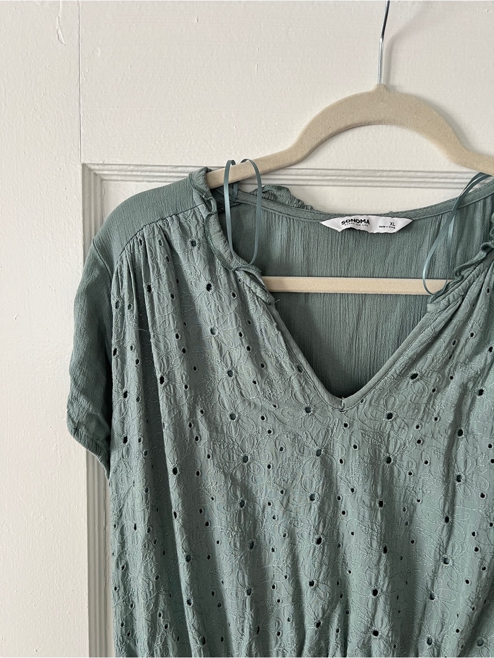 Sage Green Eyelet V-Neck Tiered Maxi Dress - Picture 2 of 5